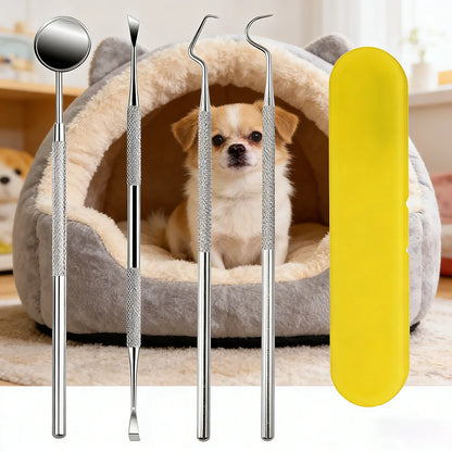 stainless steel pet tartar cleaning kit, 4PCS B, reusable dental tools for dogs and cats, with yellow case