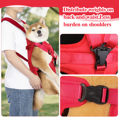 adjustable dog front carrier backpack for small dogs, distributes weight on back and waist, breathable travel carrier