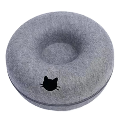 round cat tunnel bed dark gray with hole, donut felt nest cat bed for sleeping, hiding and play