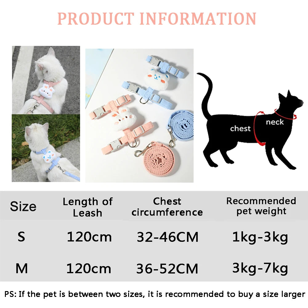 Adjustable small dog harness leash set for cats and puppies with breathable strap, size chart, and chest fit guide