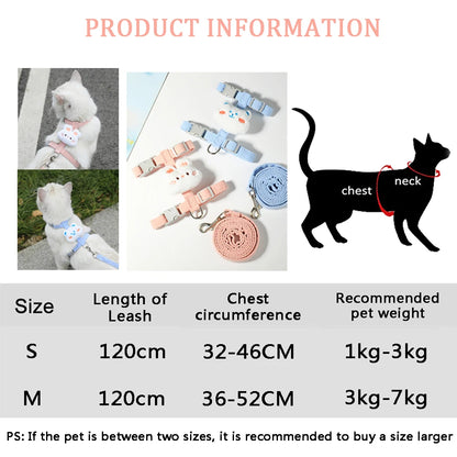 Adjustable small dog harness leash set for cats and puppies with breathable strap, size chart, and chest fit guide
