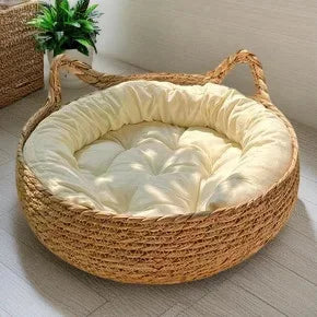 rattan cat basket bed with soft cushion round donut pet bed for cats and small dogs cozy warm sleeping nest
