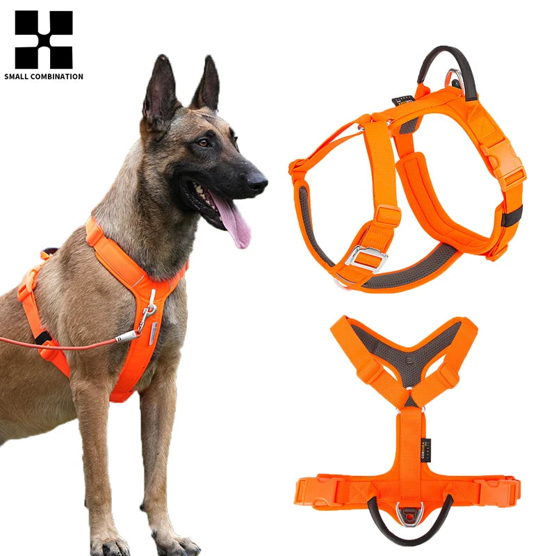 reflective no pull dog harness set for large dogs, orange adjustable vest with leash attachment and padded straps
