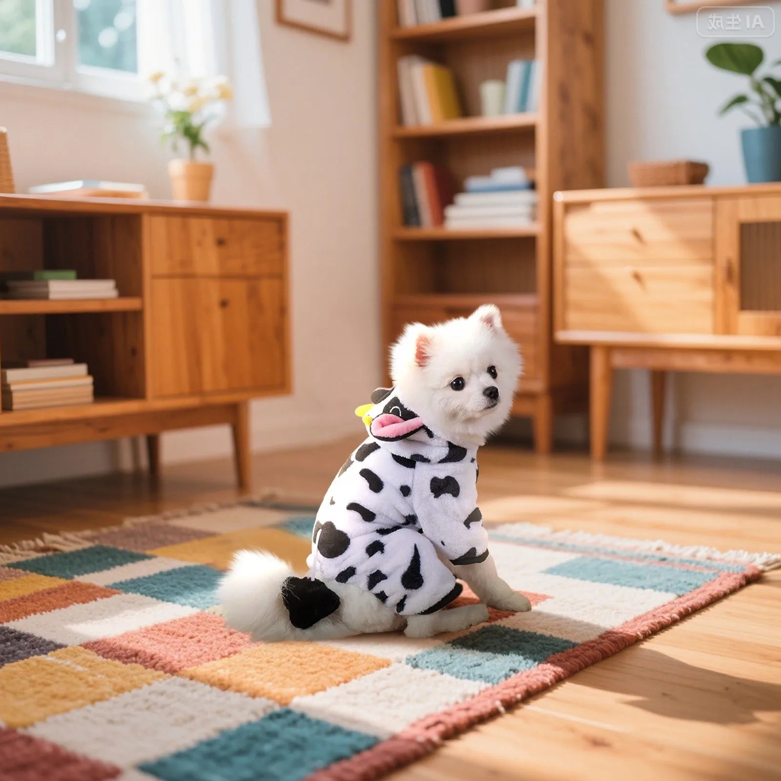 Small white dog in cow print costume sitting on colorful rug in cozy living room