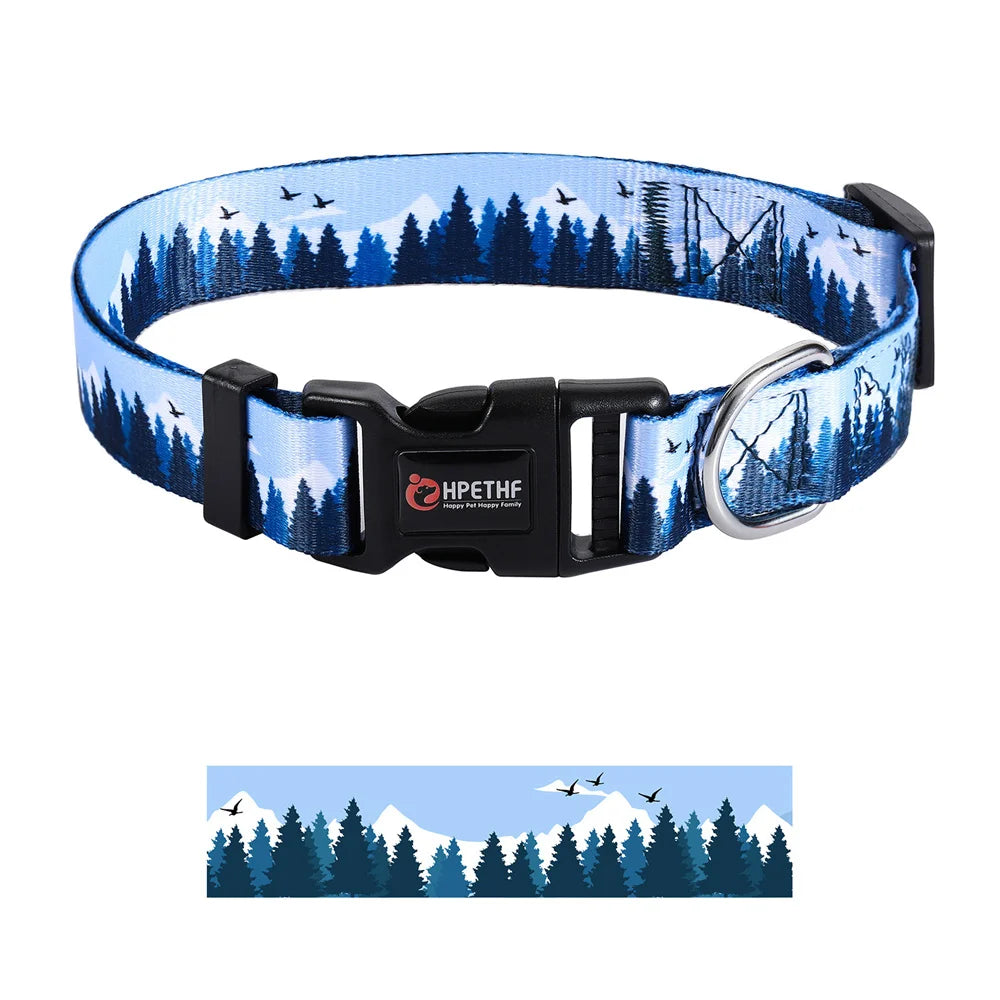 adjustable nylon dog collar with blue forest print, metal D ring, durable collar for medium and large dogs