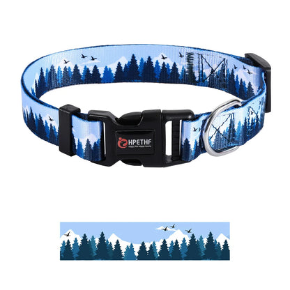 adjustable nylon dog collar with blue forest print, metal D ring, durable collar for medium and large dogs