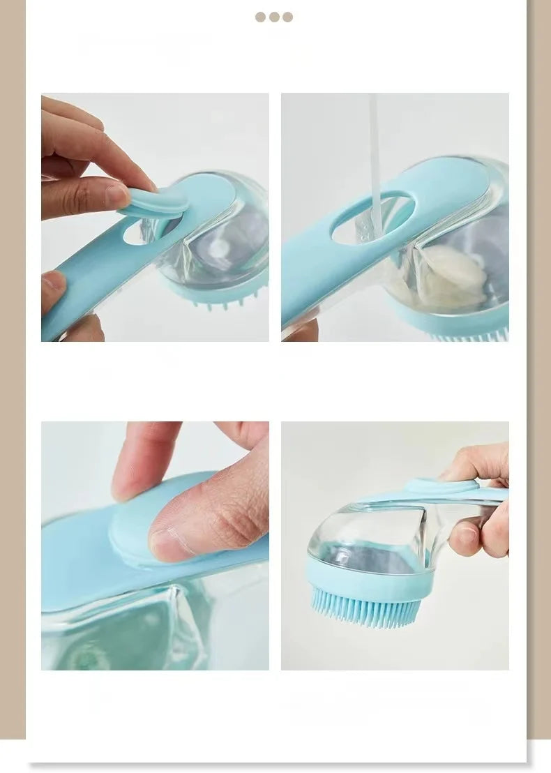 pet bath brush with shampoo dispenser, soft silicone long-handle grooming brush for gentle pet fur cleaning and massage