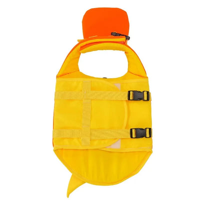 Yellow and orange dog life jacket with reflective straps and adjustable buckles for safe swimming and boating
