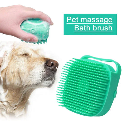 Pet dog shampoo brush being used on a dog, with silicone bristles and shower foam for gentle grooming.