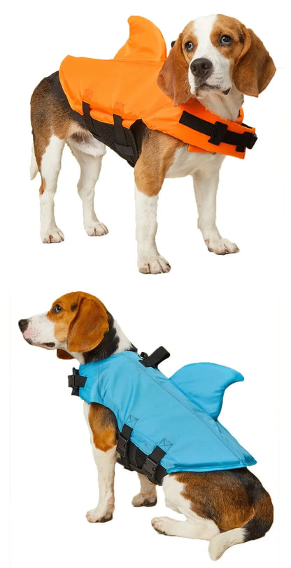 small dog shark fin life jacket for dogs, orange and blue buoyant safety vest with handle for swimming and beach outings