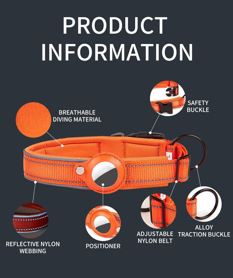 Orange reflective dog collar with safety buckle, breathable material, and adjustable nylon belt.