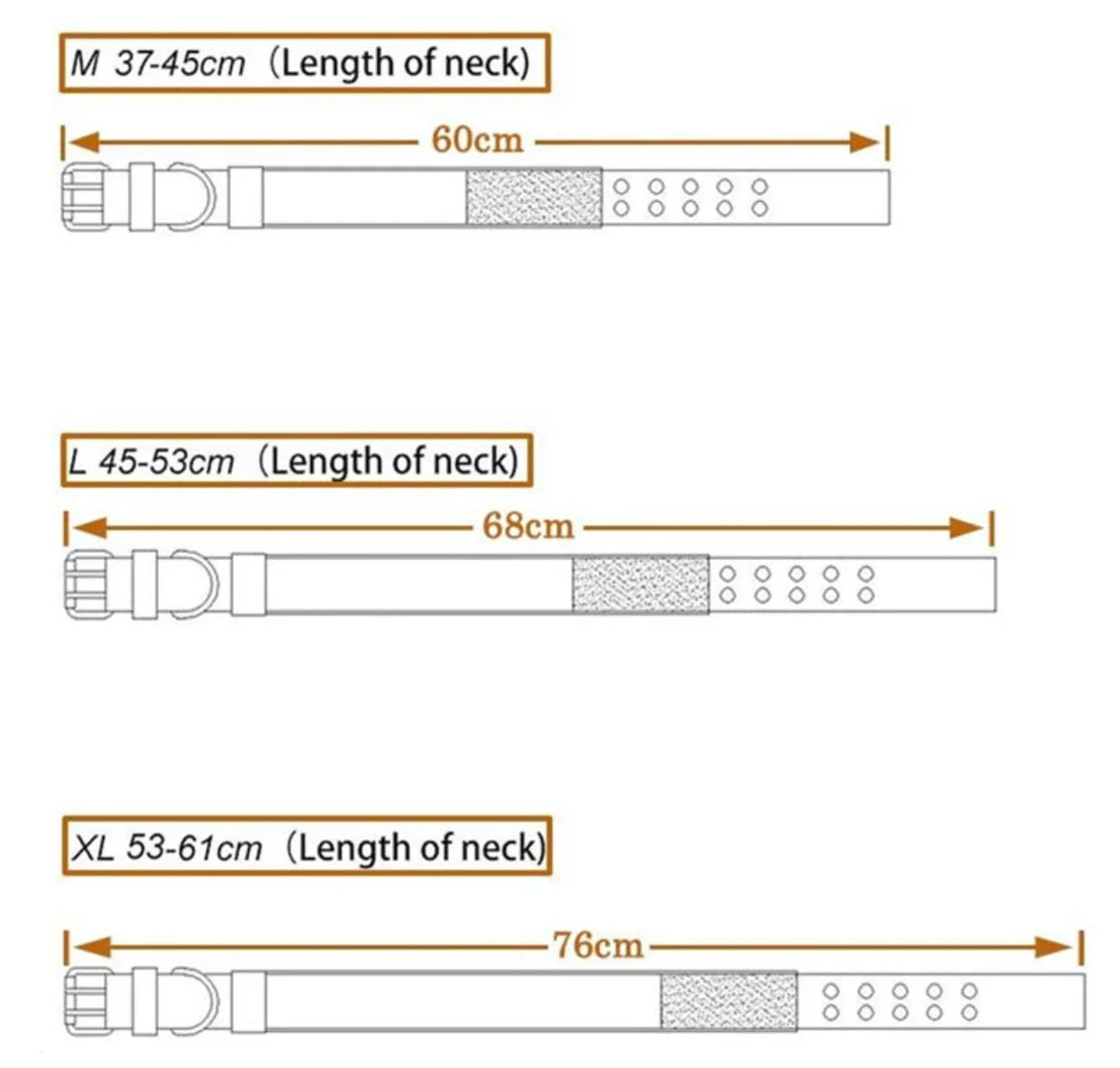 reflective tactical dog collar size chart for M, L, XL adjustable nylon collars with neck measurements and lengths