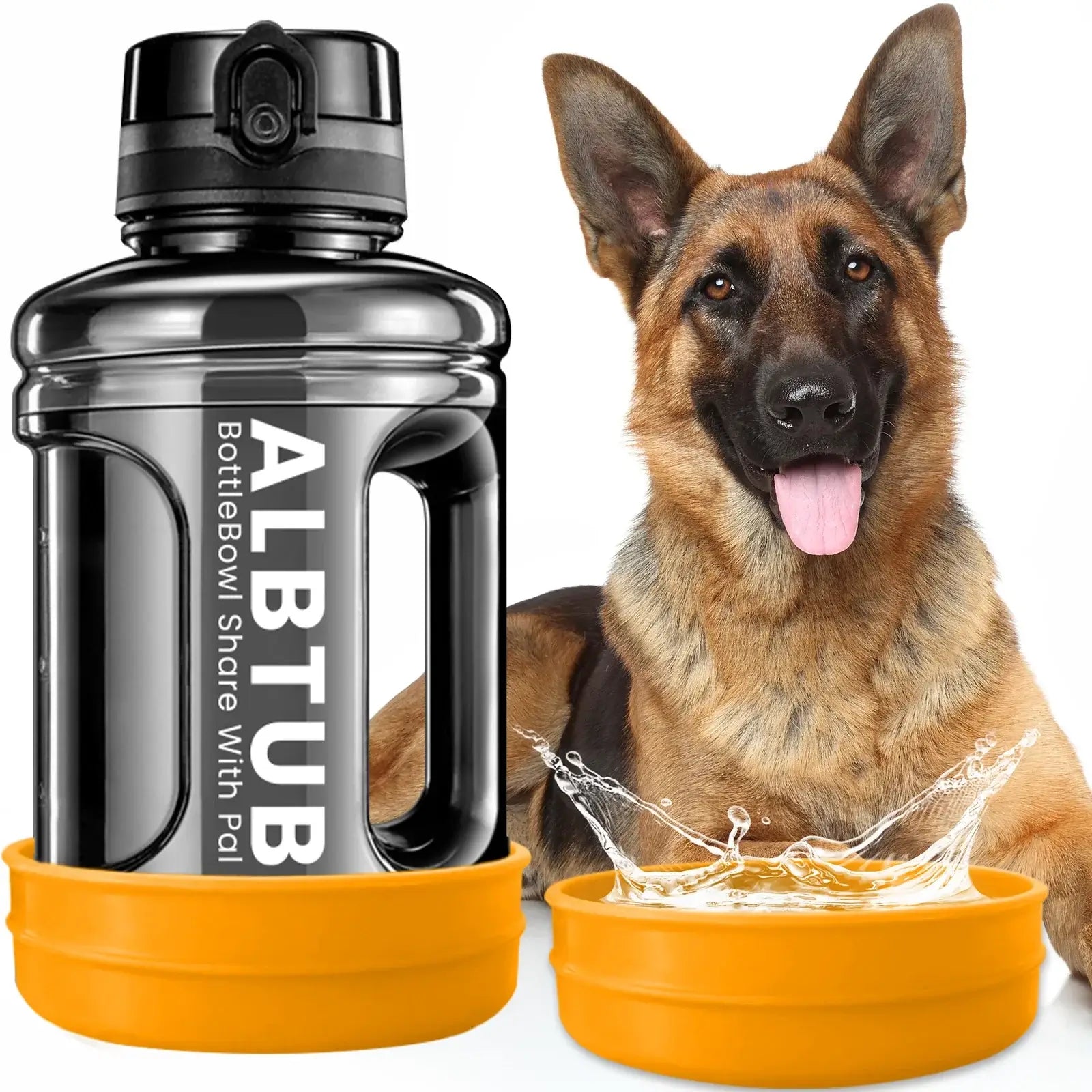 Yellow dog water bottle dispenser 2.5L for hiking, camping, beach, and walking, with bowl for you and your pup
