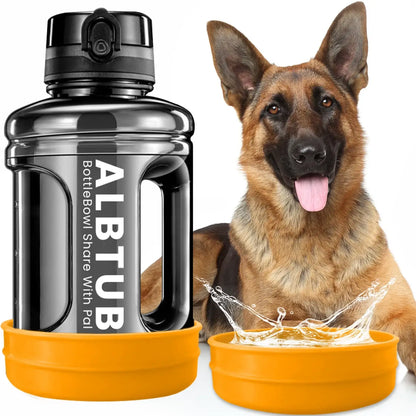 Yellow dog water bottle dispenser 2.5L for hiking, camping, beach, and walking, with bowl for you and your pup