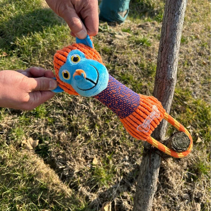 Hands holding a colorful plush monkey dog toy with handles outdoors on grass.