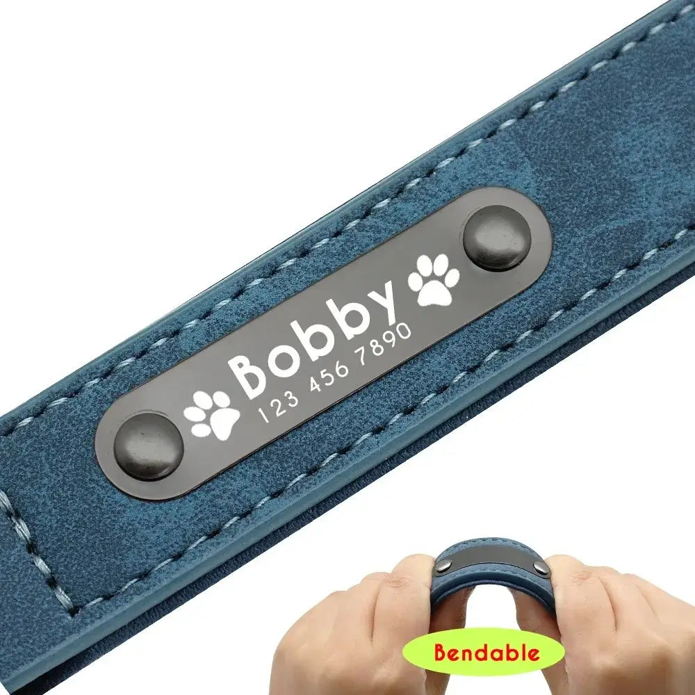 personalized leather dog collar with engraved name ID tag for dogs, custom blue collar with bendable design