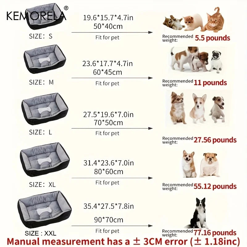 orthopedic plush dog bed size guide for small to large dogs, showing dimensions and recommended weight