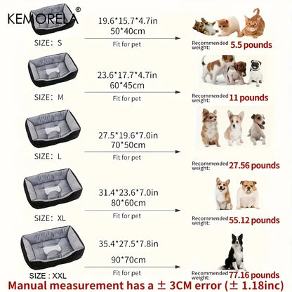 orthopedic plush dog bed size guide for small to large dogs, showing dimensions and recommended weight