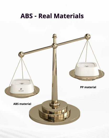 Comparison of ABS and PP material dog bowls on a gold balance scale, pet accessory visual