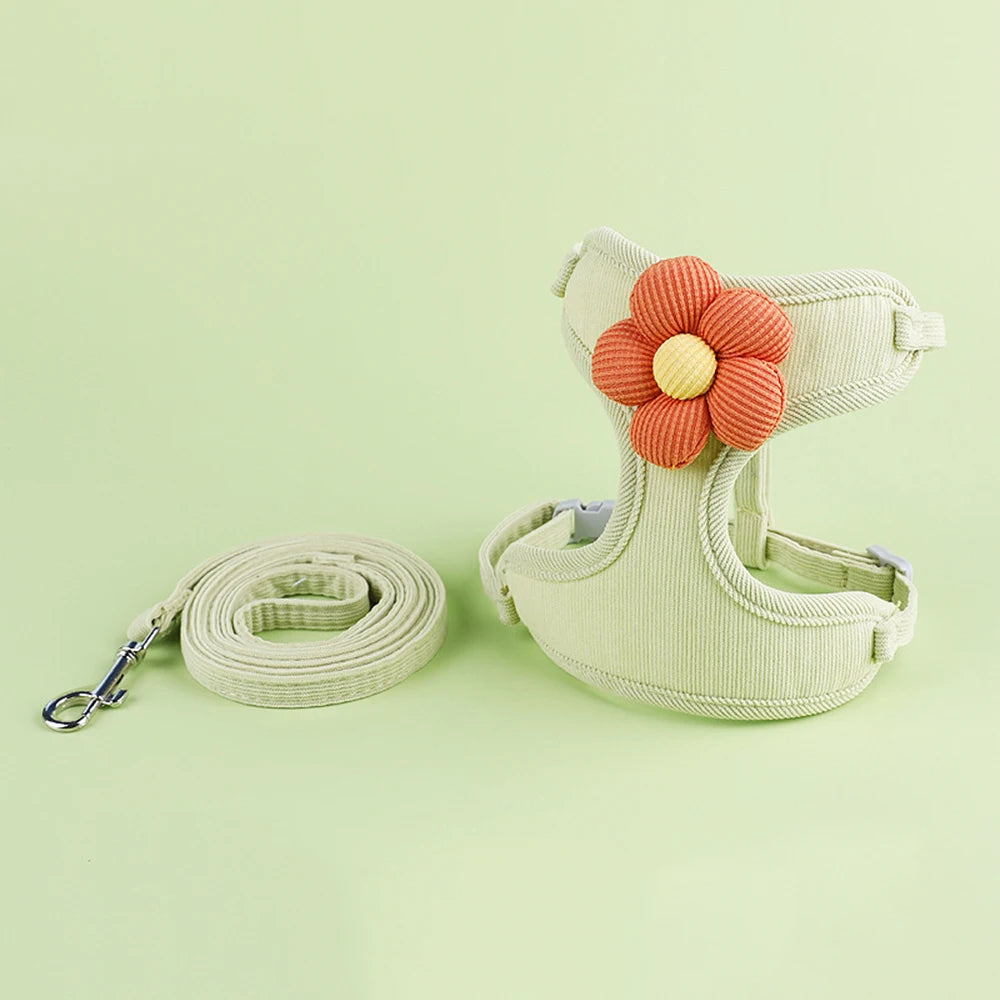 adjustable small dog harness and leash set green flower breathable H shape puppy harness for cats and small dogs