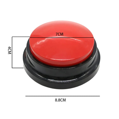 Red dog training buzzer button with black base and size dimensions 8.8cm x 7cm x 4cm.