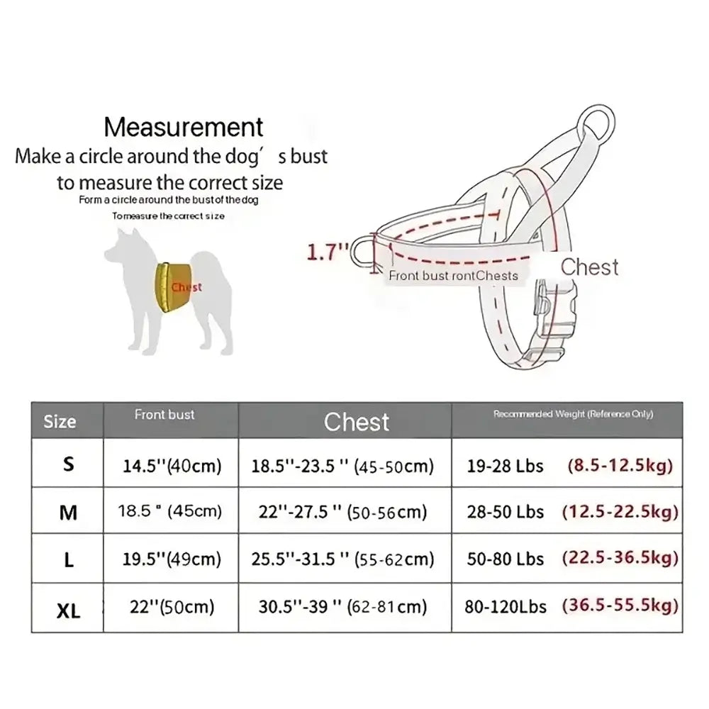 anti-pull dog harness for large dogs size chart showing chest measurements, fit guide, and recommended weight ranges