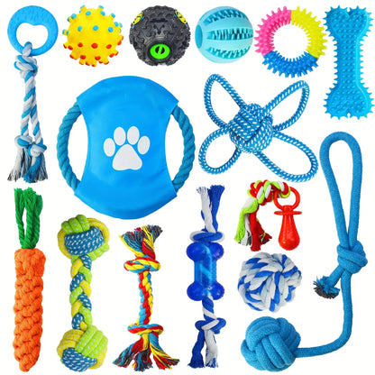 Assorted colorful dog chew toys and rope toys for pets arranged on a white background.