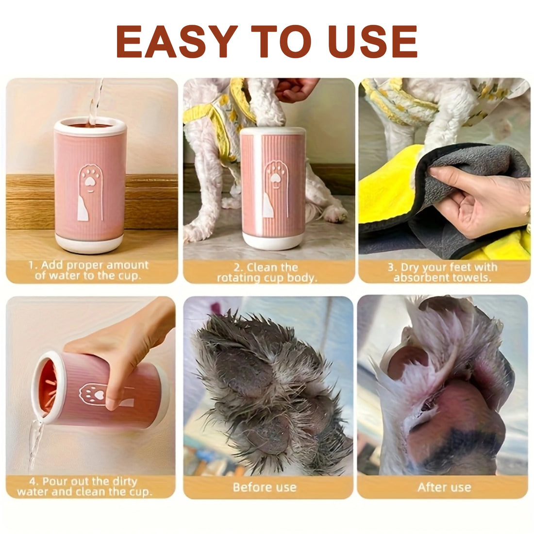 pet paw cleaning cup for dogs and cats, easy-to-use rotating paw washer with quick clean and dry steps
