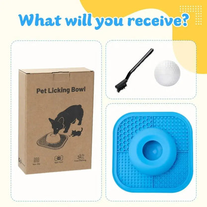 slow feeder dog bowl with licking bowl, cleaning brush, and ball for interactive pet feeding