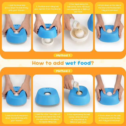 slow feeder dog bowl for adding wet food, bone broth, and yogurt to a lick sphere puzzle feeder