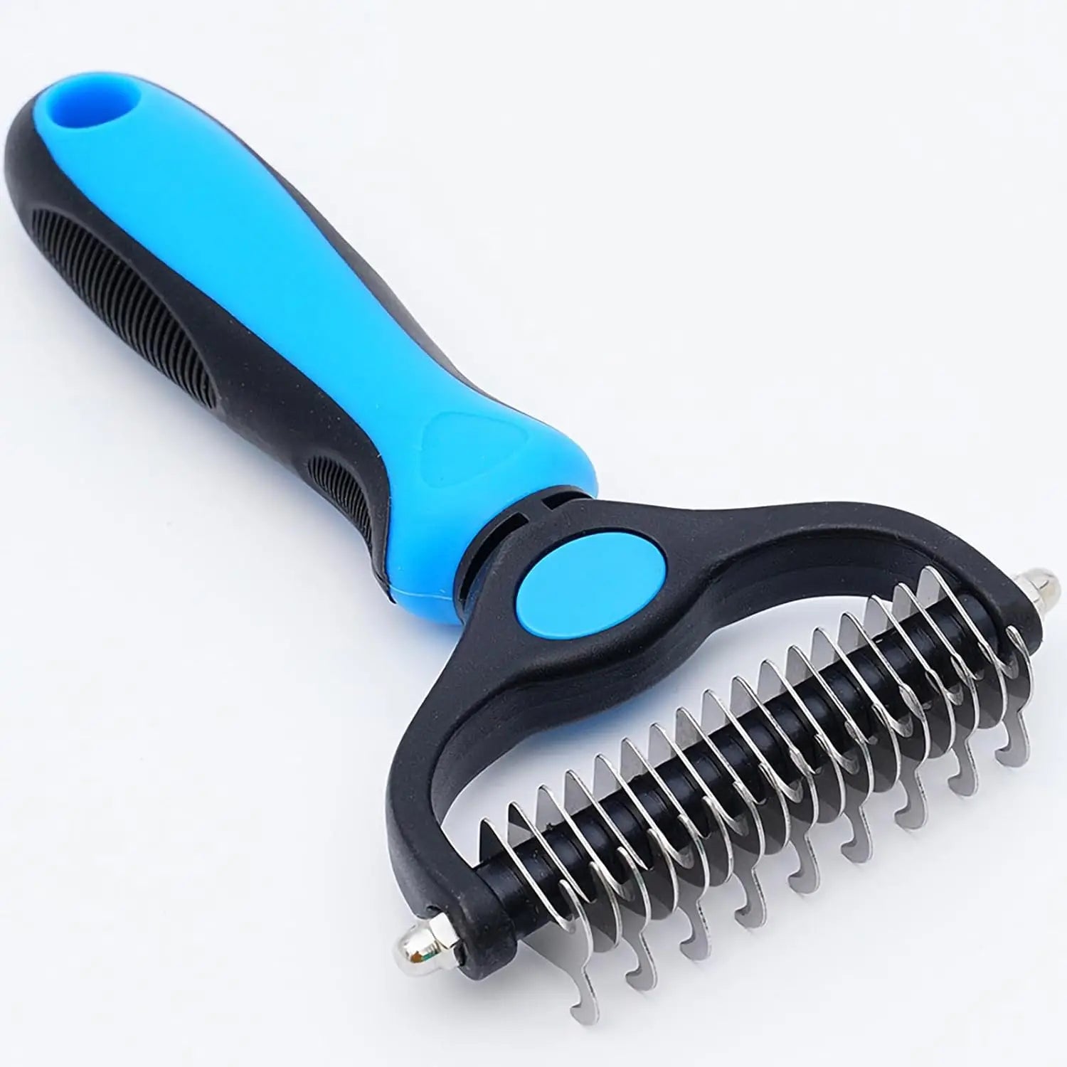 Blue pet deshedding brush with dual-sided 9 and 17 teeth for removing mats, tangles, and undercoat fur