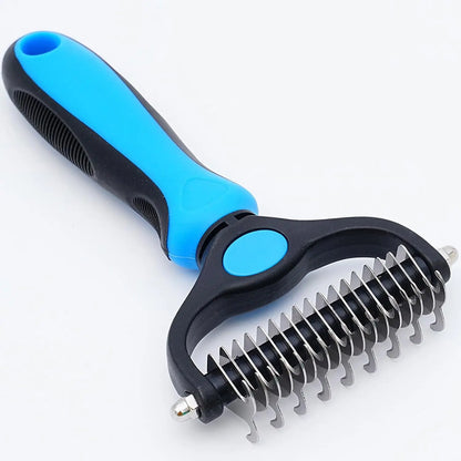 Blue pet deshedding brush with dual-sided 9 and 17 teeth for removing mats, tangles, and undercoat fur