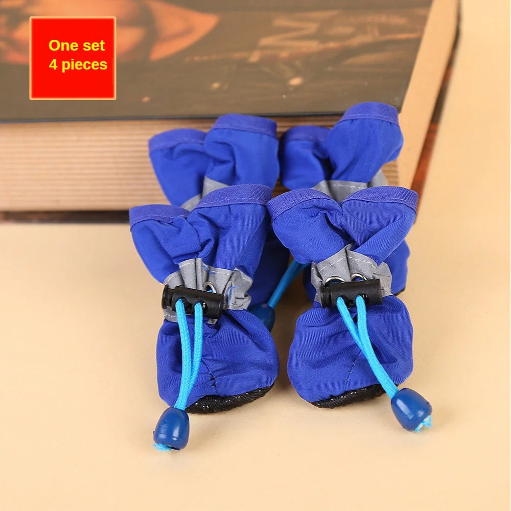 water-resistant dog shoes for small dogs, 4 blue PU canvas boots with rubber soles, one set of 4 pieces, keeps paws dry