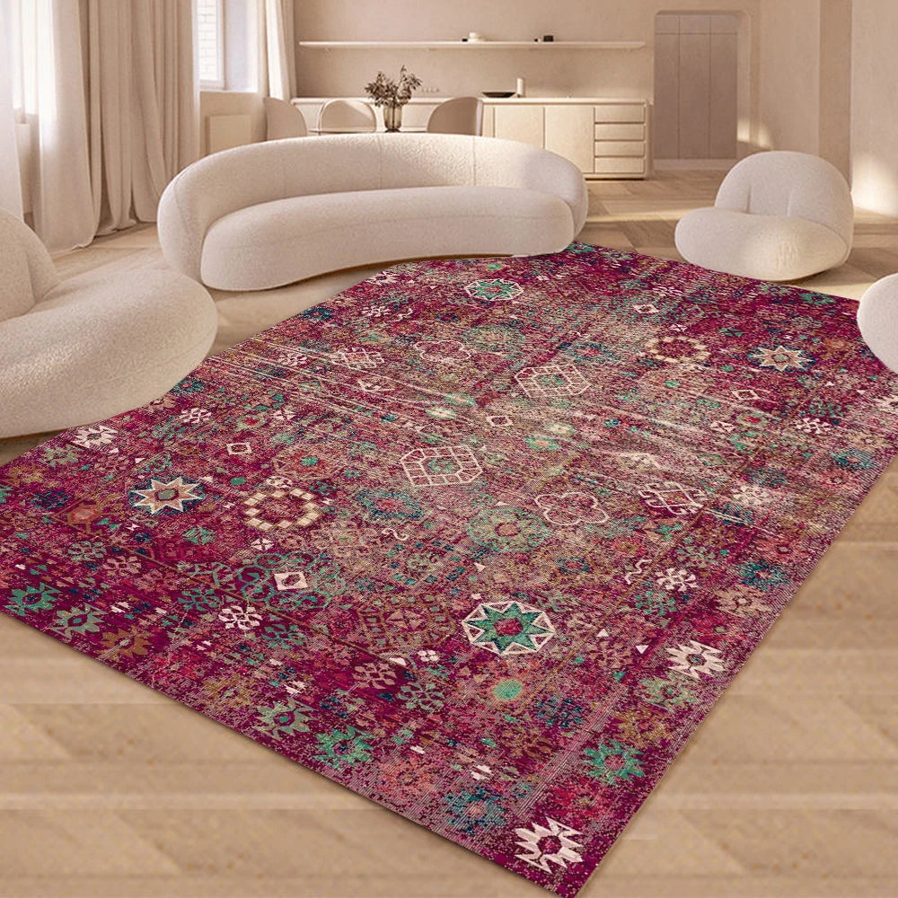machine washable area rug for living room, vintage geometric pink floral non-slip indoor floor mat, Color 2