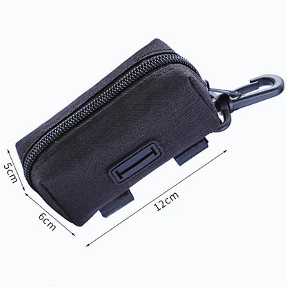 Black dog waste bag dispenser pouch with zipper, clip, and size dimensions 12x6x5cm