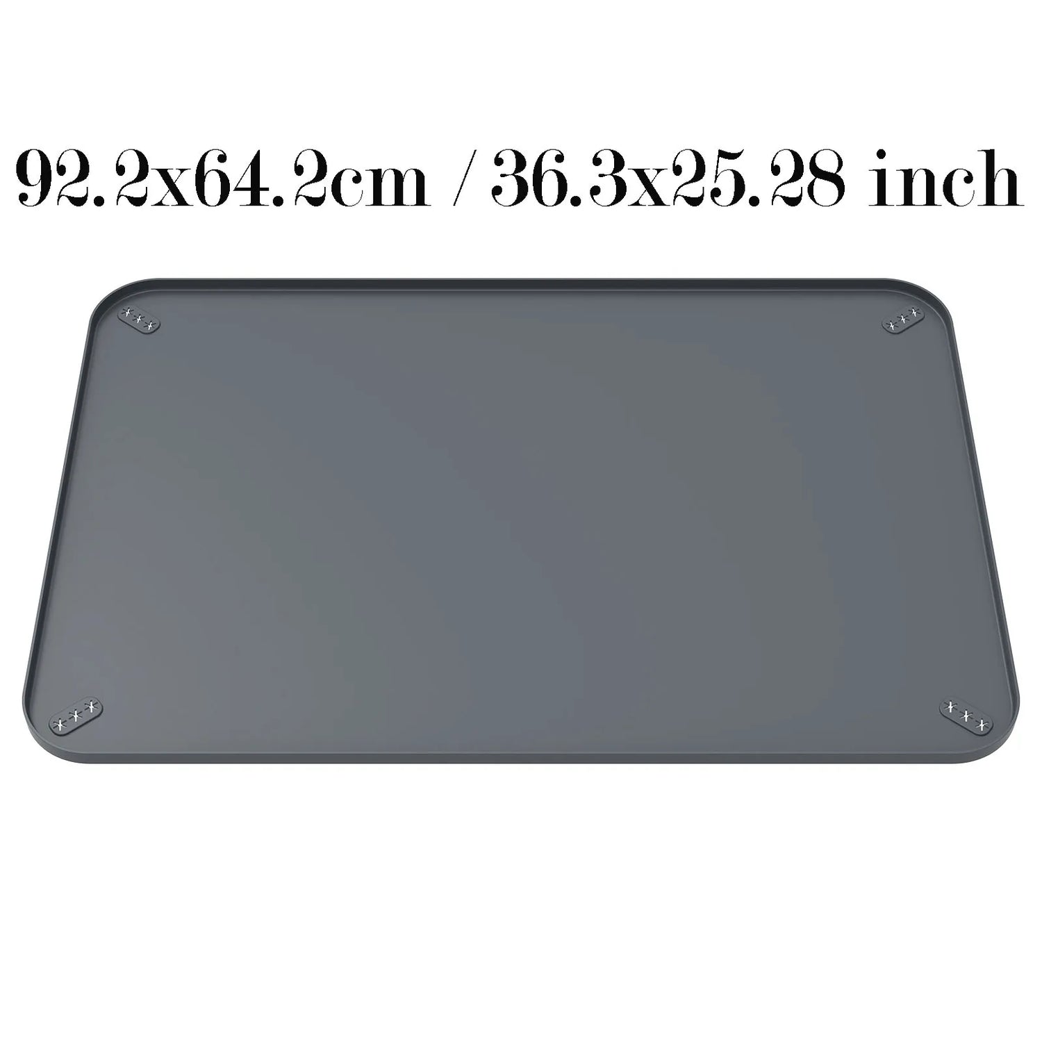 Large gray rectangular dog mat with rounded corners, non-slip, 92.2x64.2cm size shown