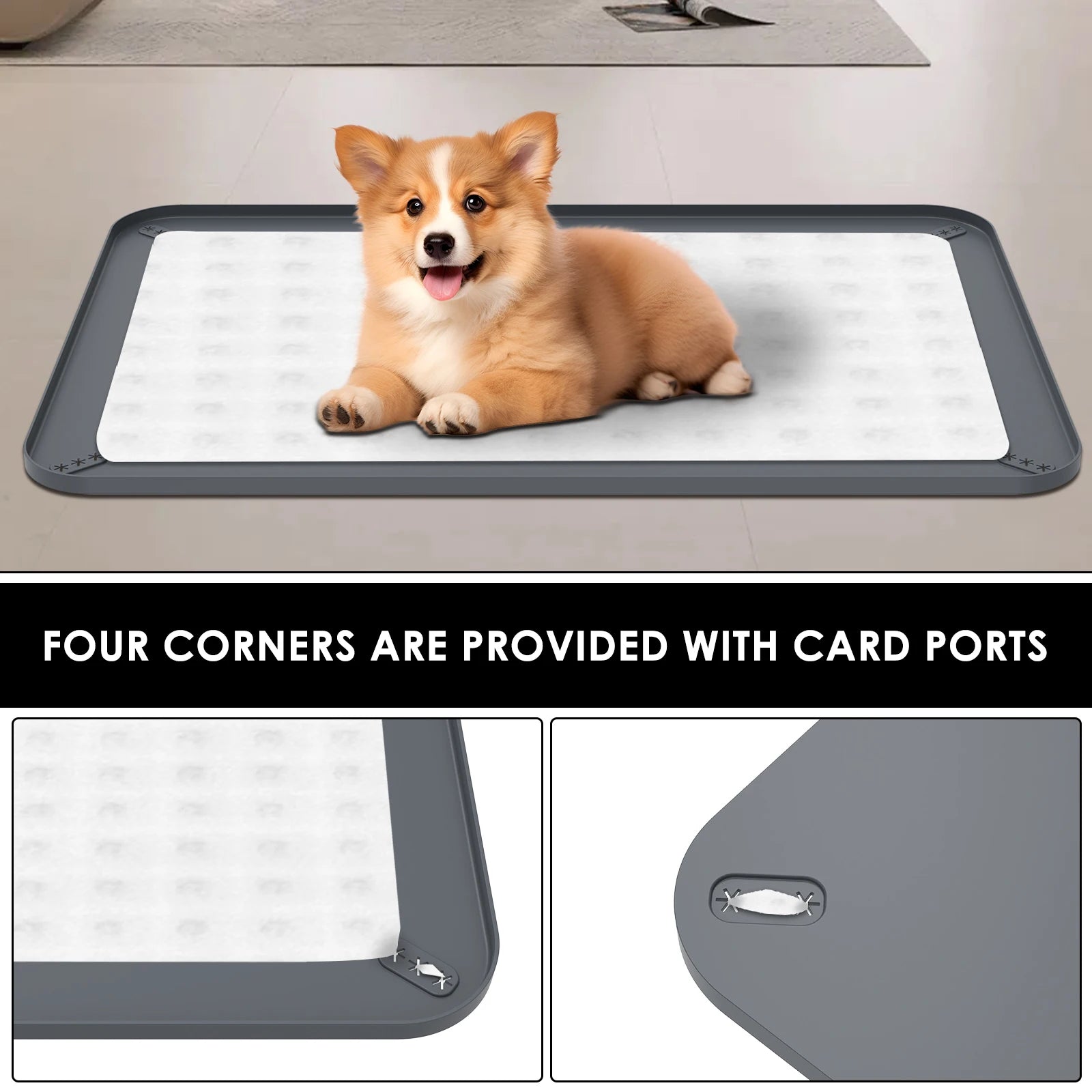 Corgi puppy lying on a gray dog pee pad holder with card ports on all four corners