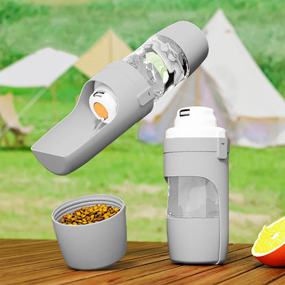 Portable travel pet bottle with cup and food container for dogs and cats, portable dog water bottle with food container for outdoor use