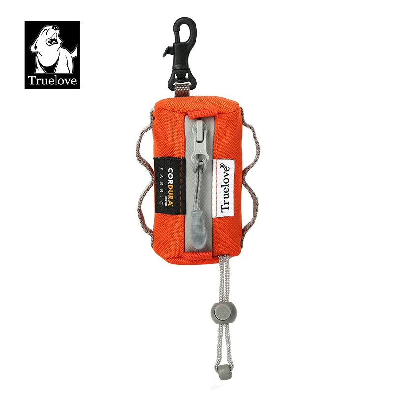 Orange Truelove dog poop bag holder with carabiner, durable nylon dispenser for leash walks and all dog breeds