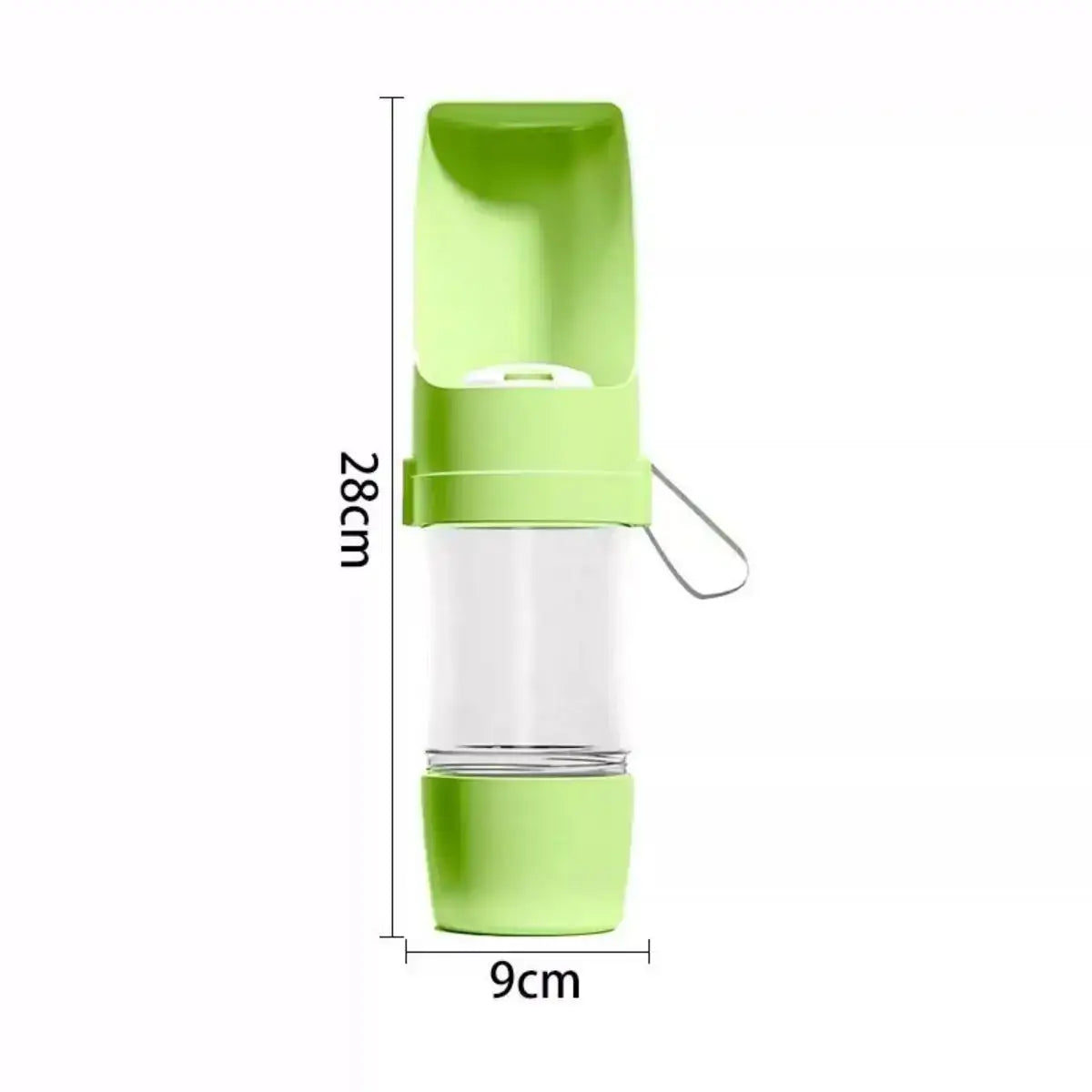 Green portable pet water bottle with food container, 500ml plastic dog feeder bowl for outdoor travel