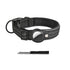 Black adjustable dog collar with reflective stitching and built-in tracker holder, plus screwdriver
