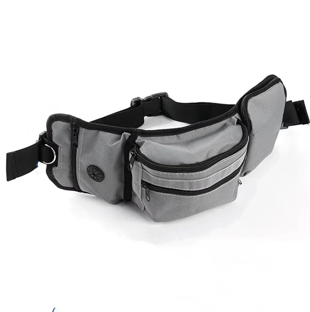 Gray dog walking waist bag with multiple zippered pockets and adjustable strap