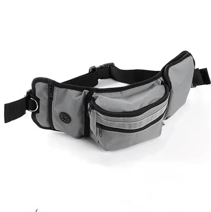 Gray dog walking waist bag with multiple zippered pockets and adjustable strap