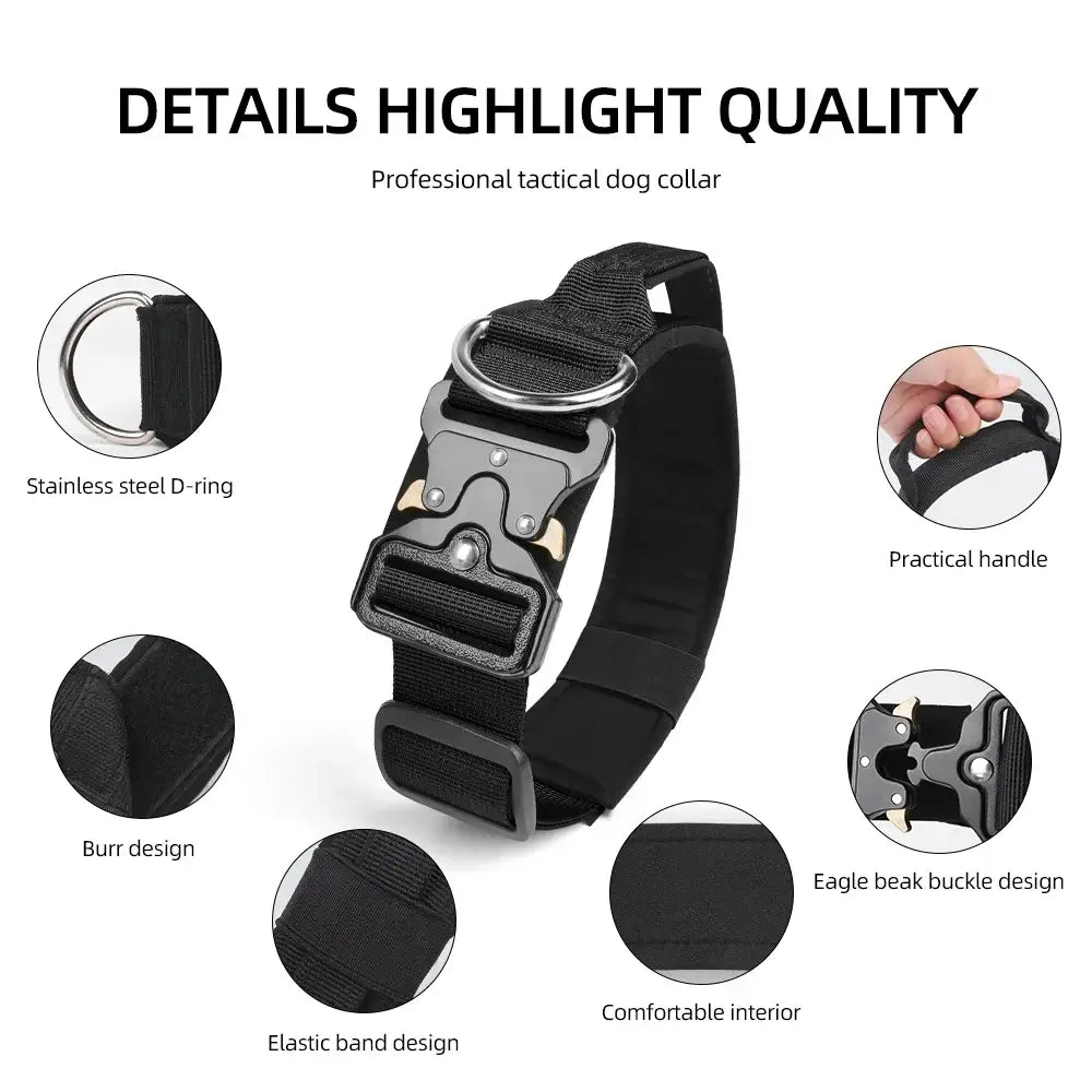 tactical dog collar for medium to large dogs with stainless steel D-ring, padded comfort, and durable training control