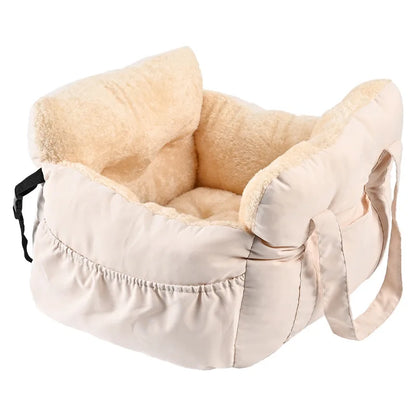 dog car seat with safety belt plush beige non-slip washable nylon pet car bed with secure straps for small dogs