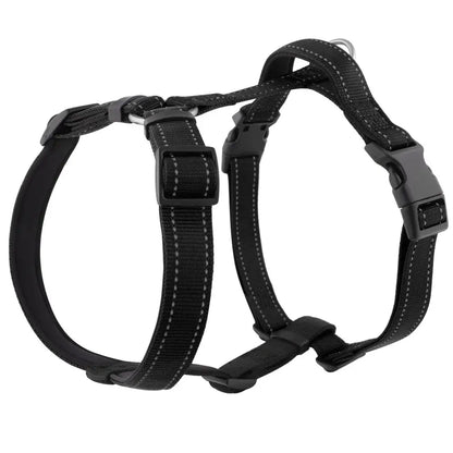 Black dog harness vest with reflective nylon, quick release closure, breakaway design for small, medium, and large dogs