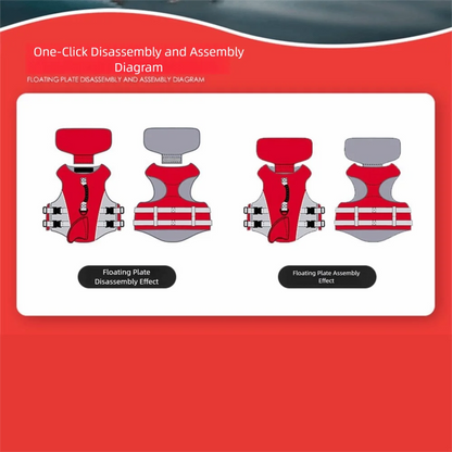 Dog life jacket with one-click disassembly and assembly diagram, adjustable flotation vest with quick-release buckle