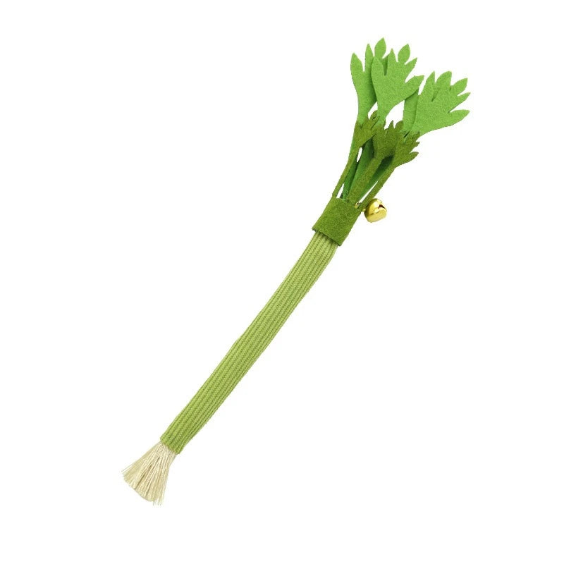 silver vine cat chew toy with celery-shaped felt stick and bell for kitten chewing, teeth cleaning, and play