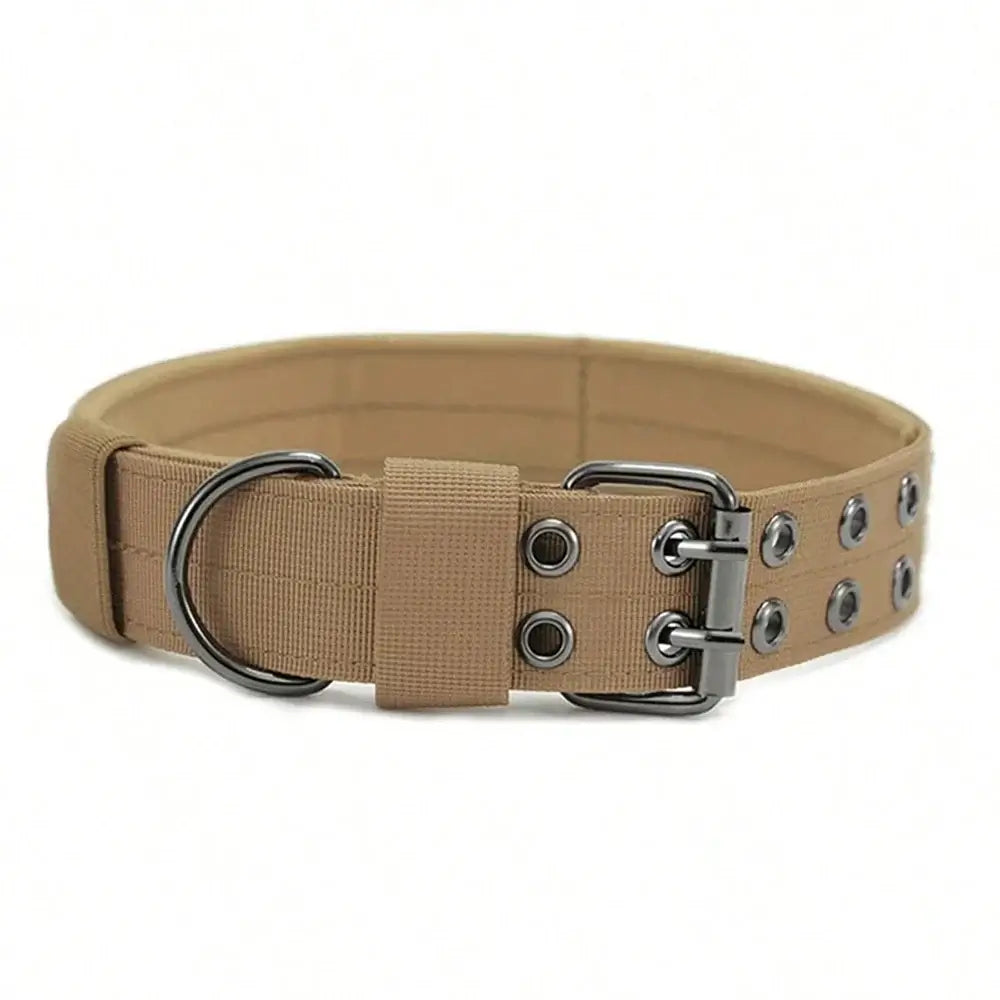 Dark khaki tactical dog collar in durable nylon with buckle and metal hardware for medium and large dogs