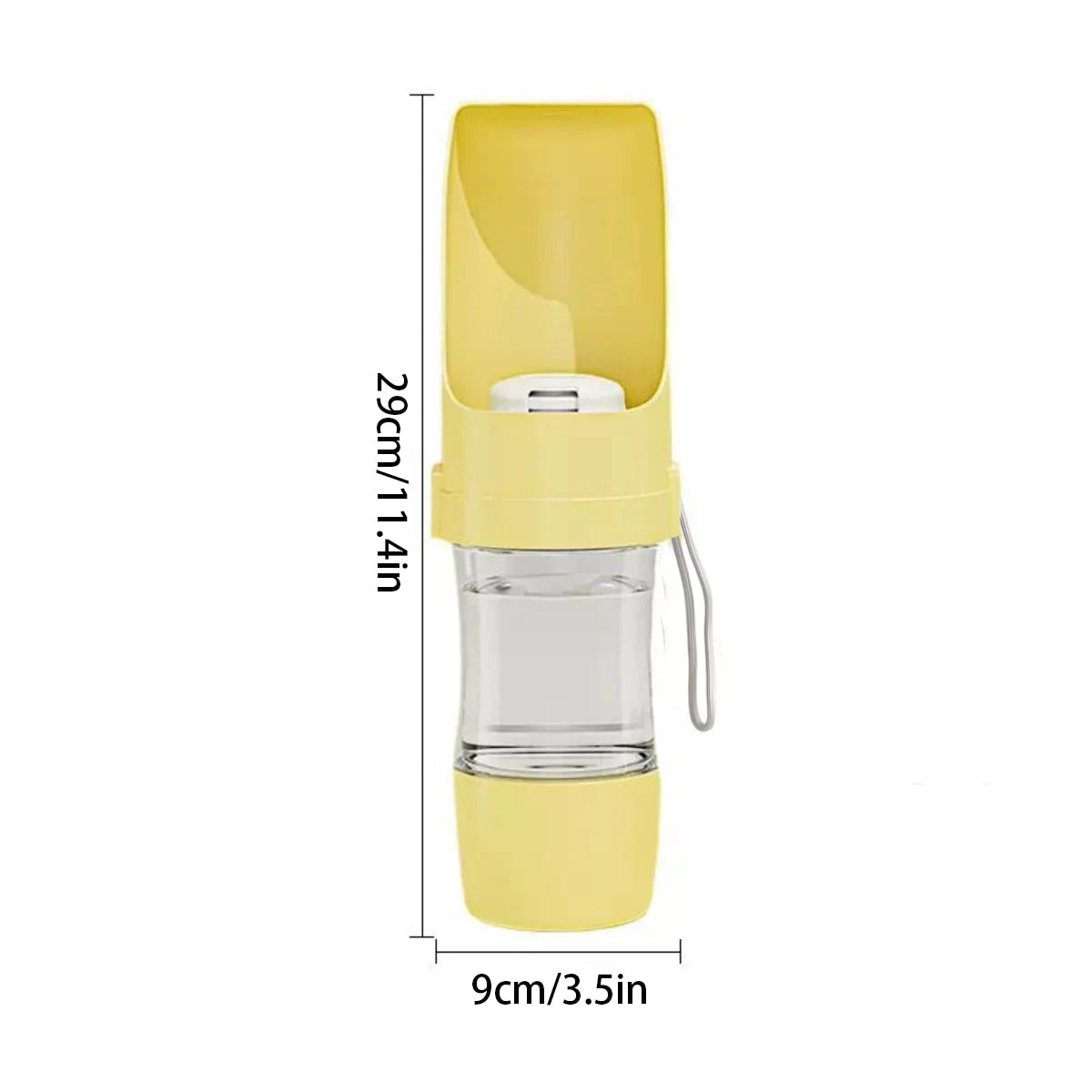 Yellow portable dog water bottle with food container for pets, 29cm tall and 9cm wide, for outdoor travel